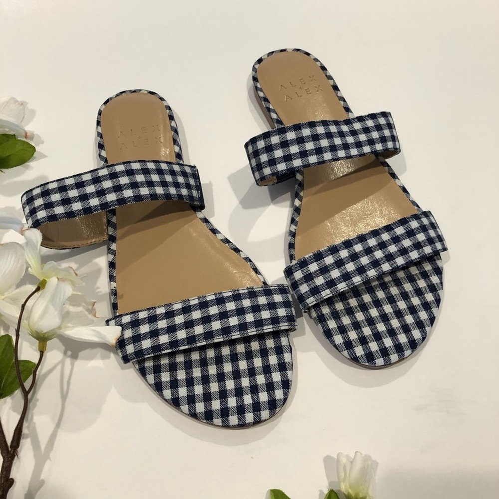 AlexAlex Alex + Alex Gingham Plaid Check Two Strap Flat Sandals Navy Blue White
